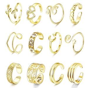 14K Yellow Gold Adjustable Boho Open Toe Rings - Set of 12